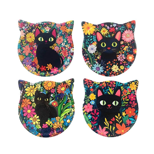 Dessous de verre en forme de chat avec motifs floraux - décoration pour table en matériau composite - 10 x 10 x 1